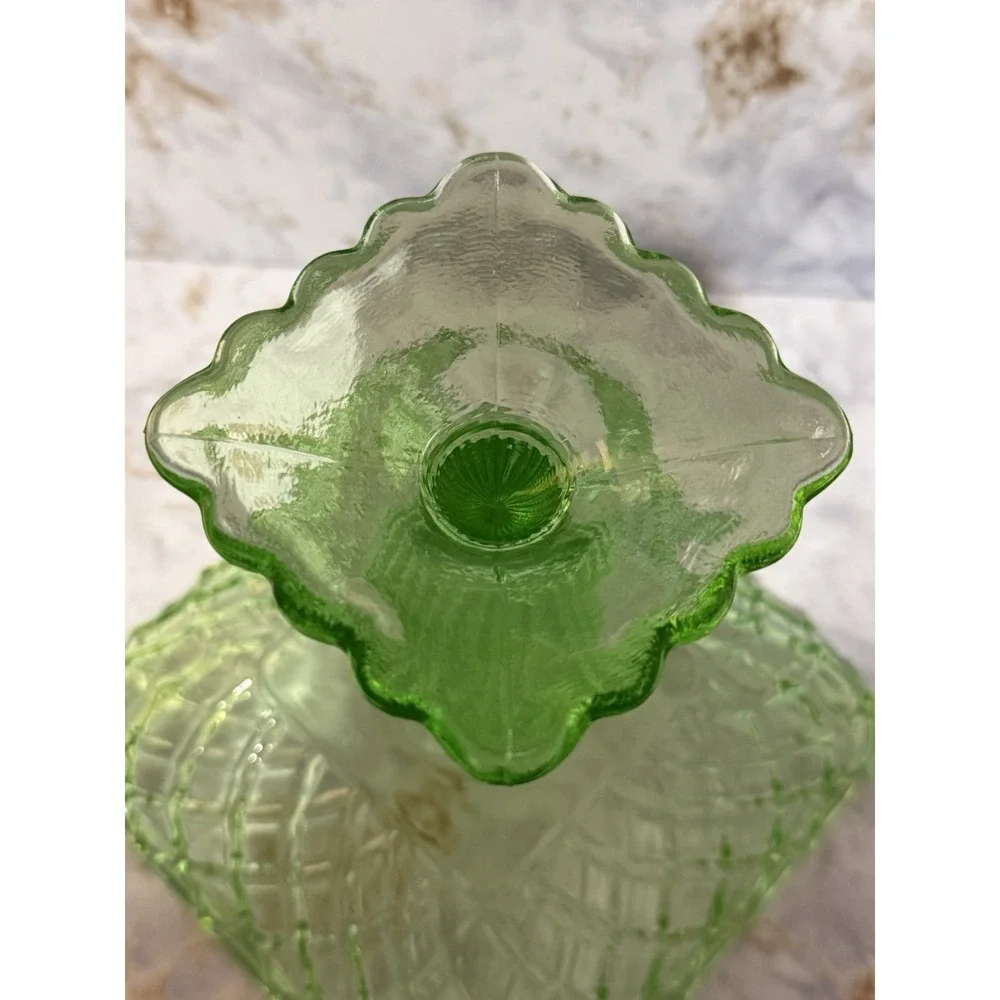 L.E. Smith 1960 Green Glass Compote Trellis Pressed Pattern Bowl 6 1/4